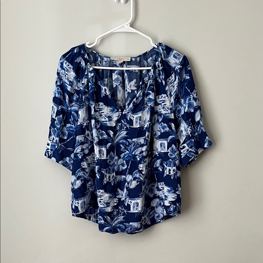 LOFT Navy and White Floral Blouse